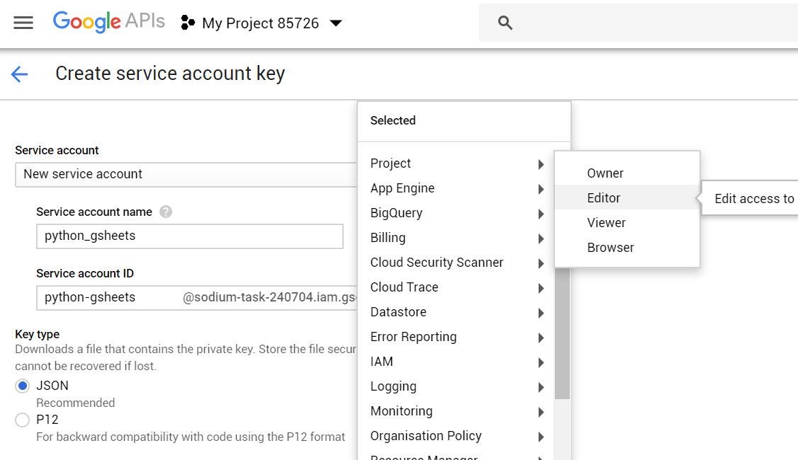 Creating the service account credentials